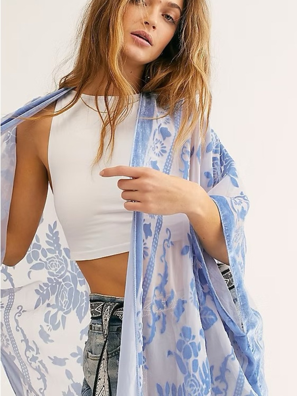 Free People Sheer Blue Floral Kimono